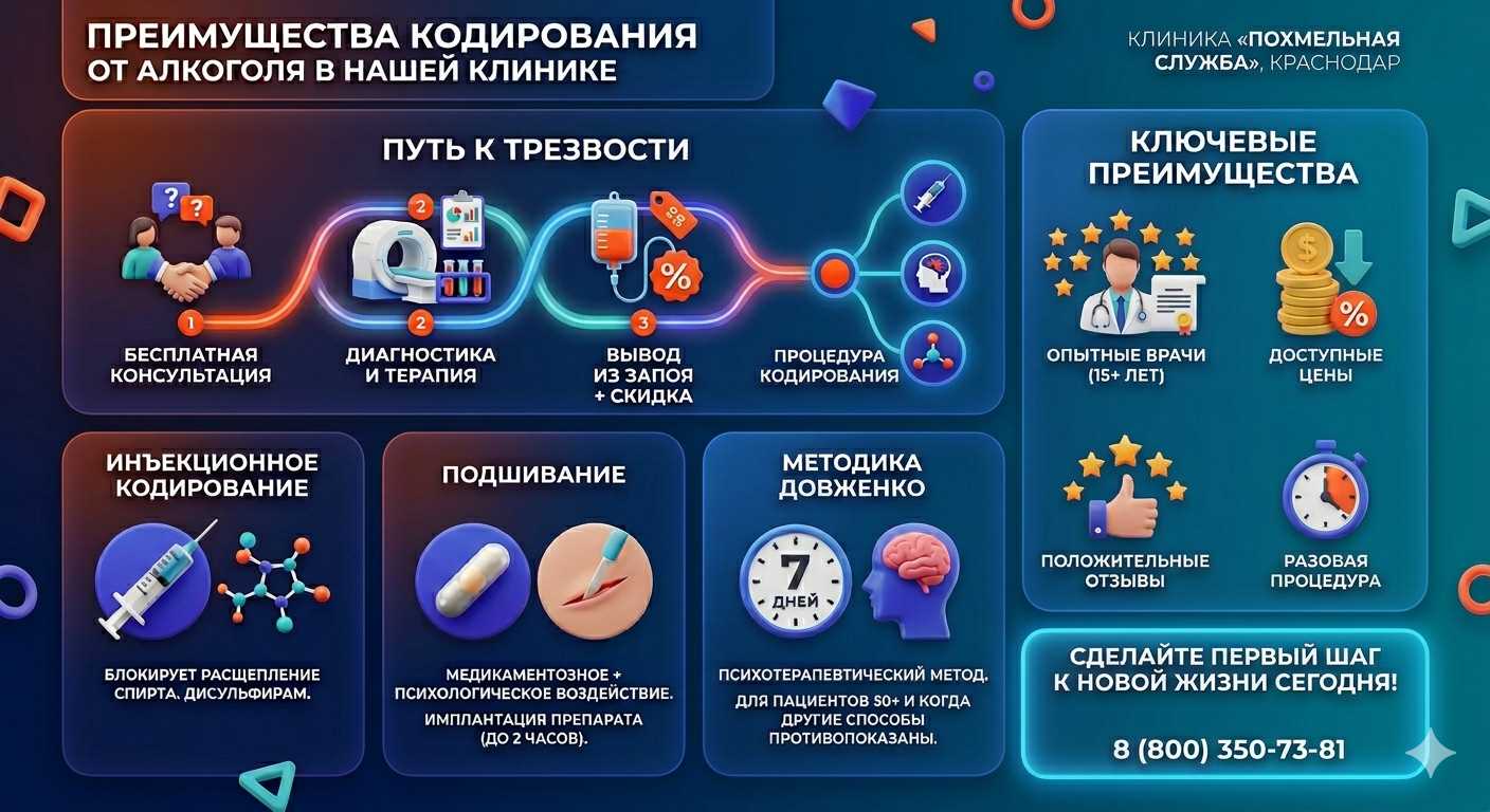 Инфографика о методах кодирования от алкоголя в Батайске: инъекции, подшивание, метод Довженко. Преимущества клиники и этапы лечения.