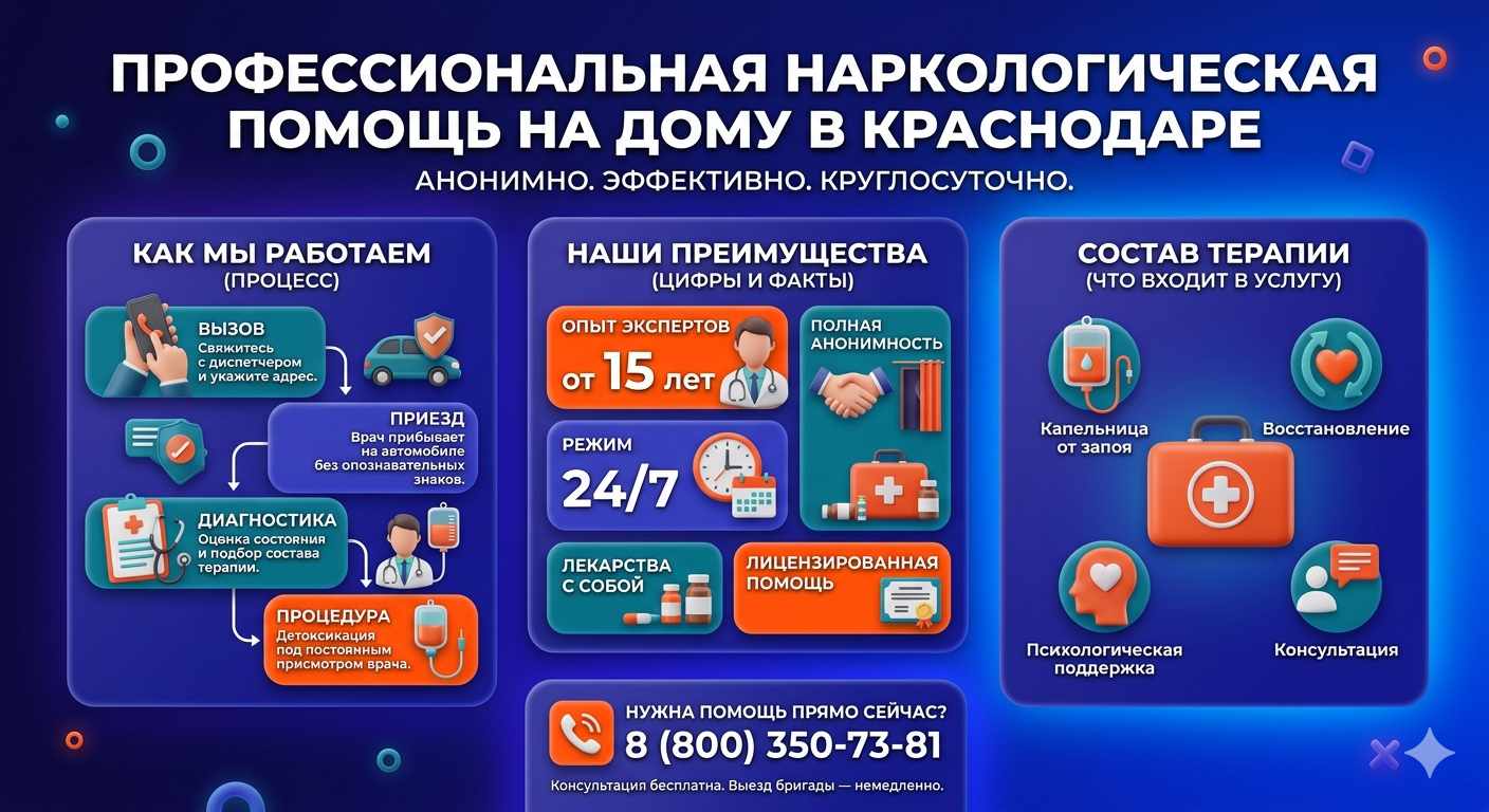 Инфографика о принципах лечения алкоголизма на дому в Батайске: этапы вызова нарколога, преимущества анонимной детоксикации и состав медицинской помощи.